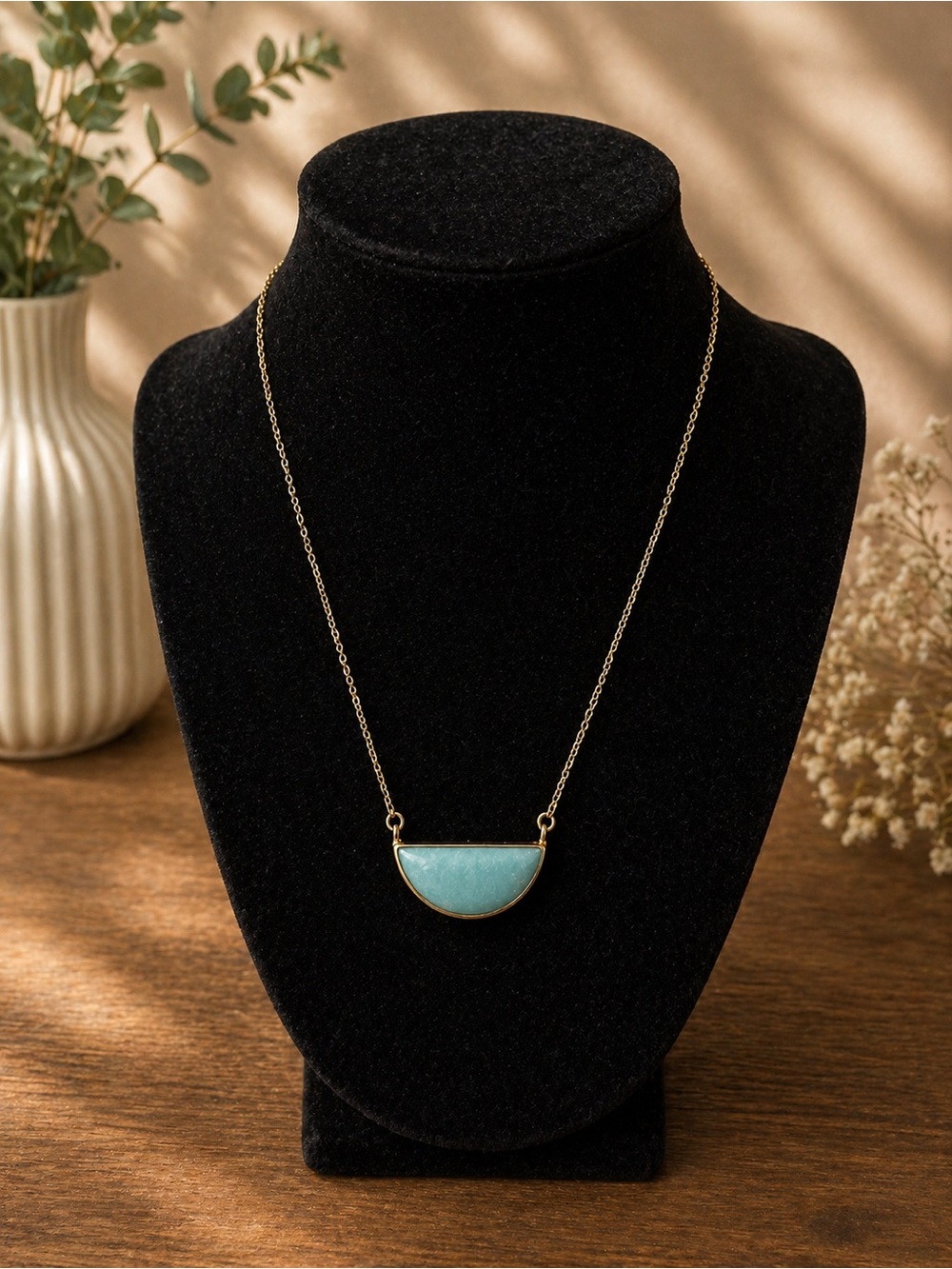 Boutique Gold tone Necklace with Light Turquoise faux Pendant - Women Jewelry